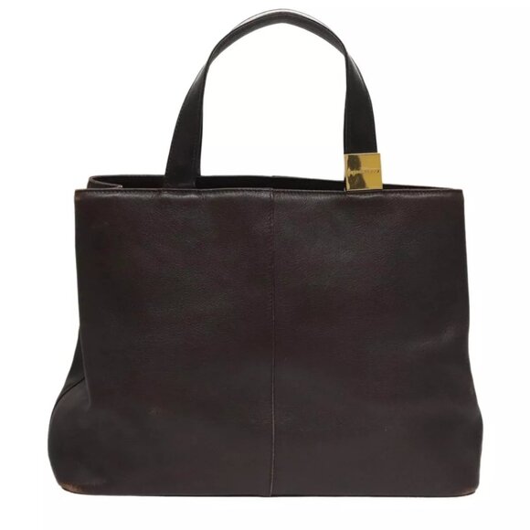 BURBERRY Hand Bag Leather Brown Gold Auth - Picture 1 of 15
